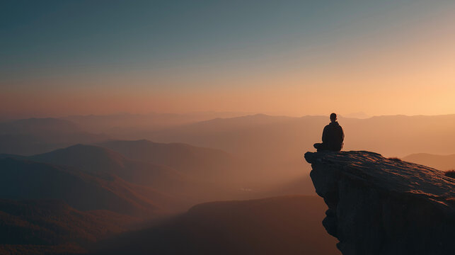tranquil scene of a young boy sitting on the edge of a rocky mountain peak at sunrise or sunset. The boy is seated in a meditative posture, facing the vast expanse of rolling hills and valleys