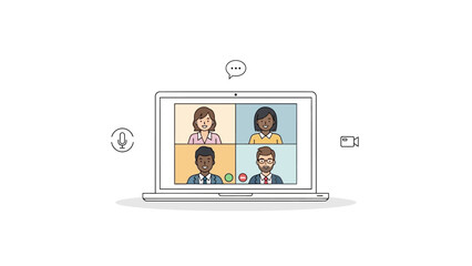 Diverse professionals connect virtually in a remote video conference meeting on a laptop, fostering online communication and collaborative teamwork from various locations