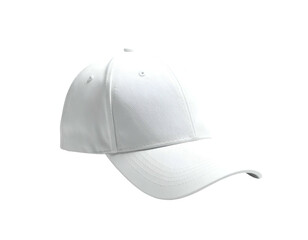 A clean white baseball cap sits against a black background, angled view
