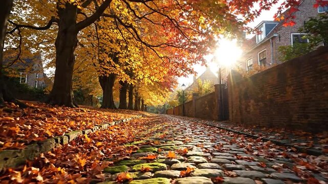 Cobblestone path in autumn, lined with trees in full fall colors, leading towards buildings