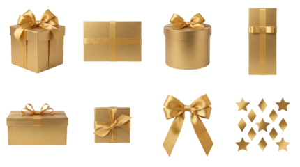 Gold gift box set including square, round, rectangular shapes and ribbon bows isolated. Luxury present and holiday celebration collection.