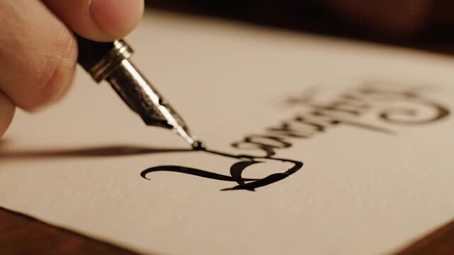 A close-up shot of a hand using a fountain pen to write on cream-colored paper