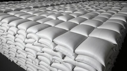 Fototapeta premium Stacked White Bags Pattern Warehouse Abundance.
