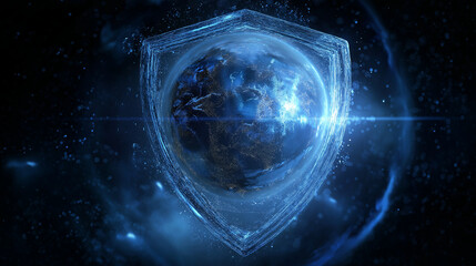 Futuristic shield protecting Earth symbolizing global cybersecurity, data protection, digital security, network defense, cloud safety and advanced technology for worldwide information security.