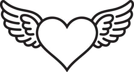 Heart with Wings line art, black outline, vector and illustration, coloring book page line art drawing