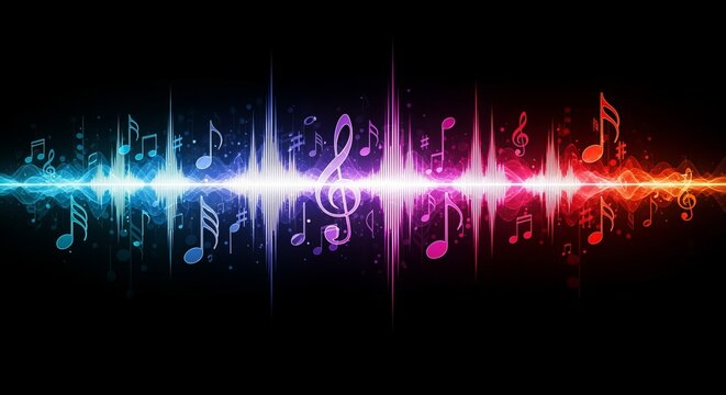Vibrant music equalizer waveform with colorful notes and treble clef on black background - Powered by Adobe