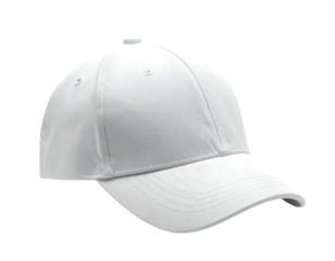Isolated white baseball cap, angled, with shadows and a curved bill