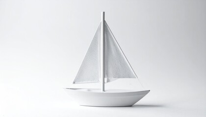 Minimalist White Sailboat Model on White Background.