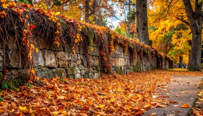 Colorful autumn foliage surrounds a rustic wooden cabin and an old stone path winding through a vibrant forest park landscape filled with red and yellow fallen leaves during the peak season