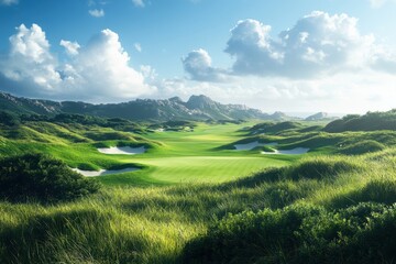 Breathtaking golf course landscapes surrounded by rolling hills and natural beauty in serene, sunlit afternoons