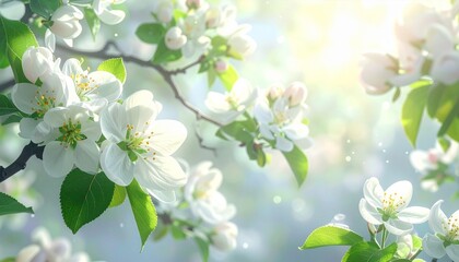 A beautiful macro closeup of white apple and cherry tree blossoms blooming on a leafy branch in a spring garden