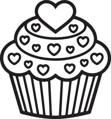 Valentine Cupcake line art, black outline, vector and illustration, coloring book page line art drawing