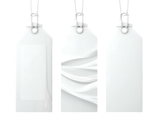 Three blank white tag pendants hanging, one with a subtle textured design