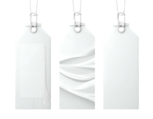 Three blank white tag pendants hanging, one with a subtle textured design