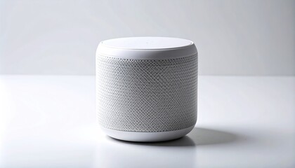 Minimalist White Smart Speaker on White Surface in Studio.