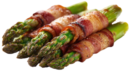 Asparagus bundles wrapped in crispy bacon, plated against a dark background