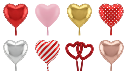 Heart balloon set including red, pink, gold, silver, rose, polka dot, and striped foil variants isolated. Valentines day and romantic celebration collection.