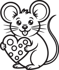 Mouse with Cheese Heart line art, black outline, vector and illustration, coloring book page line art drawing