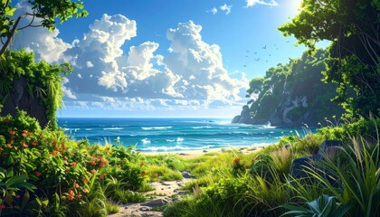 A serene morning view of the green coastline where rocks and cliffs meet the sandy beach and calm blue ocean water under a summer sky