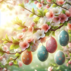 Easter eggs hanging from flowering tree