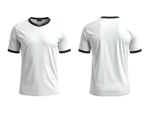 Front and back view of a white t-shirt with black trim and v-neck