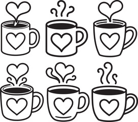 Set of Coffee Mug with Heart Steam line art, black outline, vector and illustration, coloring book page line art drawing