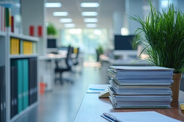 View of a busy office environment showcasing organized paperwork and greenery, emphasizing a contemporary workspace's functional aspects