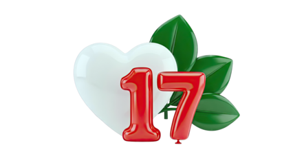 Red 17 Balloons with White Heart and Green Leaves