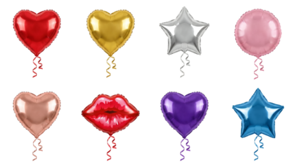 Mylar foil balloon set including heart, star, round, and lips shapes isolated. Decorative party and celebration collection.