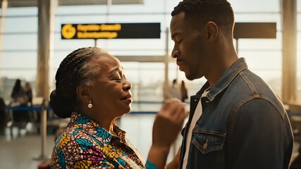 A man and woman embracing at the airport terminal