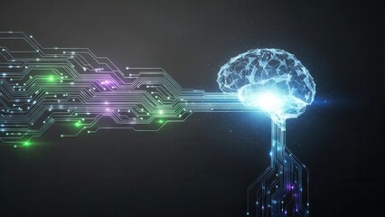 Abstract artificial intelligence brain structure with glowing network connections and digital circuit board traces representing neural computing machine learning deep data processing and cognition