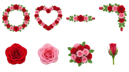 Red and pink rose flower set including wreath, heart, bouquets, corner border, and single blossoms isolated. Romantic floral collection for weddings and valentines.