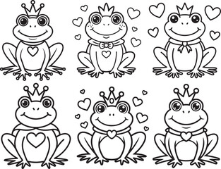 Set of Frog Prince Valentine line art, black outline, vector and illustration, coloring book page line art drawing