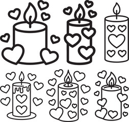 Set of Valentine Candle with Hearts line art, black outline, vector and illustration, coloring book page line art drawing