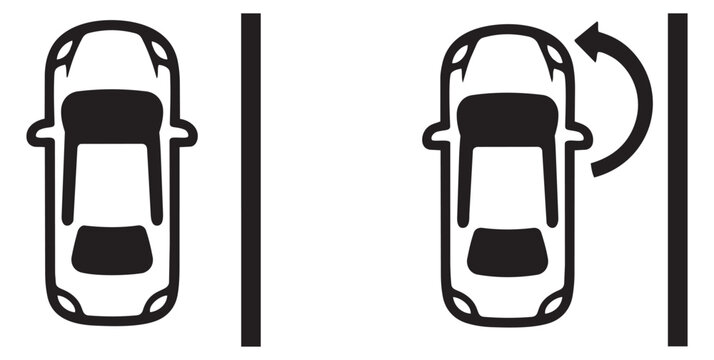 Line art car parking icons set featuring a parked vehicle and a parallel parking maneuver for urban driving instructions