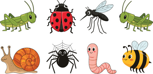 Cute Cartoon Insects and Garden Animals Vector Set with Ladybug Spider Snail Worm Bee Illustration © Sumon Creative