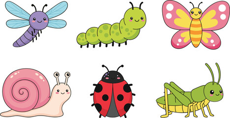 Cute Cartoon Insects and Garden Animals Vector Set with Butterfly Ladybug Snail Caterpillar Illustration © Sumon Creative