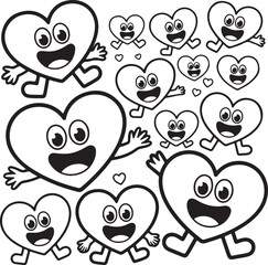 Set of Smiling Heart Characters line art, black outline, vector and illustration, coloring book page line art drawing