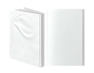 Two white books. One open with sculpted cover, one closed. Black background