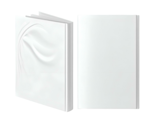 Two white books. One open with sculpted cover, one closed. Black background