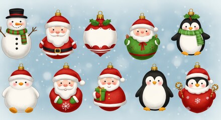 A collection of cute cartoon Christmas ornaments including snowmen, Santa Clauses, and penguins on a snowy blue background.