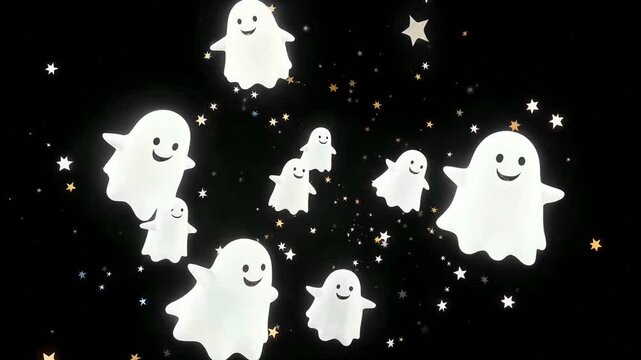 A delightful collection of cute, smiling white cartoon ghosts floating joyfully against a dark, shimmering background, perfect for festive autumn animation.
