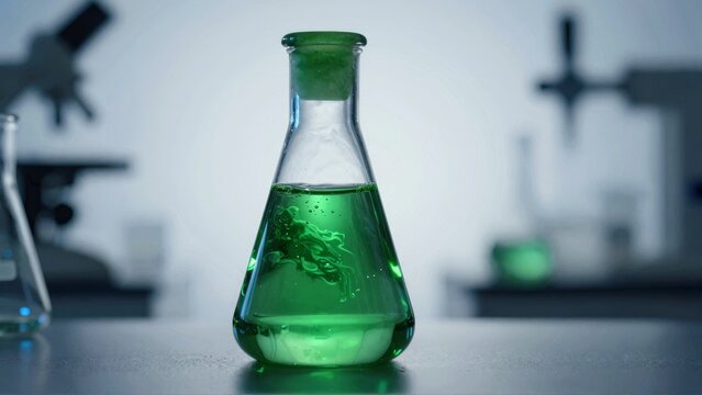 Green liquid in conical flask laboratory setting
