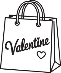 Valentine Shopping Bag line art, black outline, vector and illustration, coloring book page line art drawing