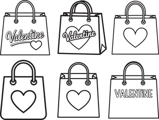 Set of Valentine Shopping Bag line art, black outline, vector and illustration, coloring book page line art drawing