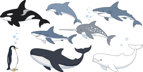 Cute Cartoon Marine Animals Vector Set with Whale Dolphin Shark Orca Penguin and Narwhal Illustration © Sumon Creative