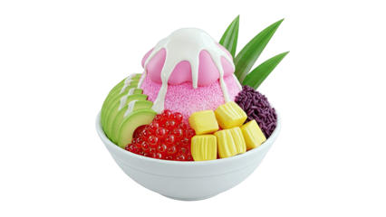 Sweet Dessert Bowl with Pink Shaved Ice, Avocado, and Boba