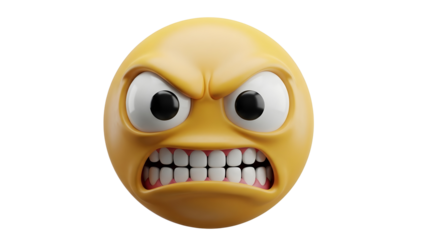 A 3d rendered angry yellow emoticon face with bulging eyes and bared teeth on a white background expressing frustration or rage in a digital illustration