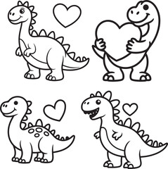 Set of Dinosaur with Heart line art, black outline, vector and illustration, coloring book page line art drawing