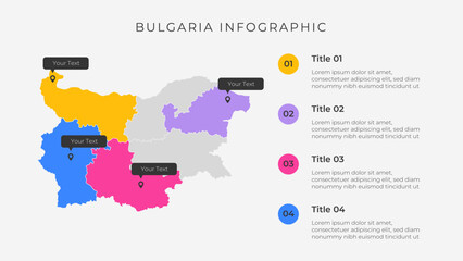 Bulgaria map infographic template with 4 options. Bulgaria administrative map infographic for presentation.